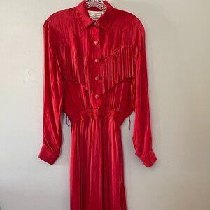 Vintage 1980s Saint Germain Red Western Fringe Cowgirl Dress